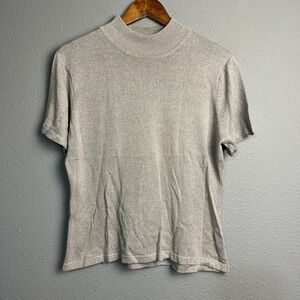 Casual‎ Corner Top XL Silver Silk Blend Holiday Short SL Mock Neck Sparkle Knit